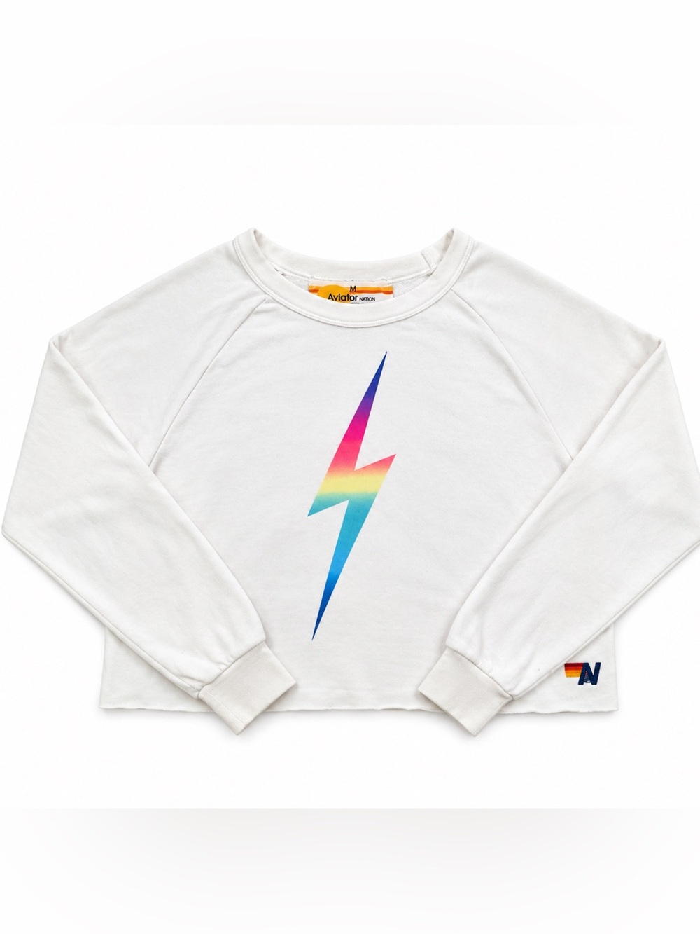 Aviator Nation White Cropped Lightning Bolt Sweatshirt *RARE* - Medium - Picture 2 of 7